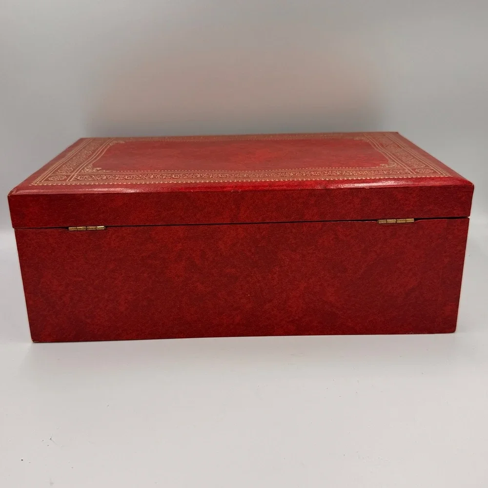 Vintage Red Faux Leather Jewelry Box Gold Filigree 3-Tier Cantilever Drawer